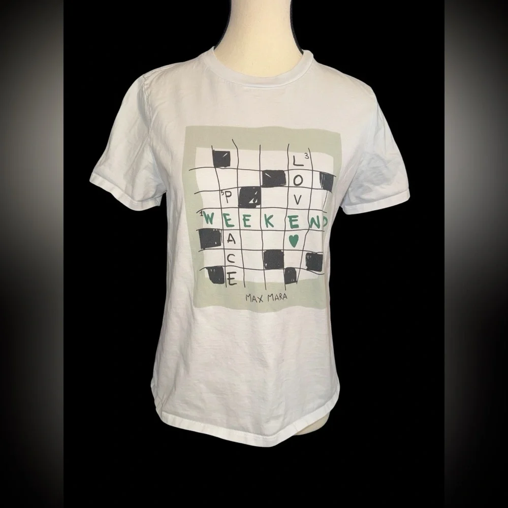 Max Mara Sante Weekend Organic Cotton T Shirt Crossword Peace Love - Picture 2 of 5